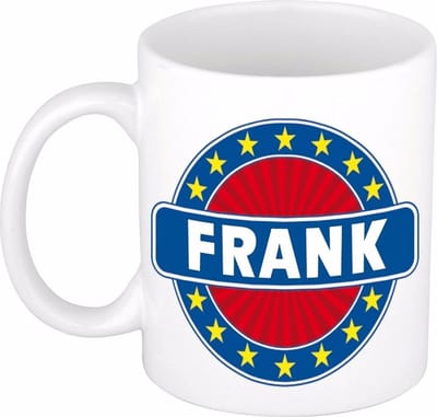 Bellatio Decorations - Frank voornaam - koffiemok - beker - wit/blauw - 300 ml - Cadeau - Heren - Collega - Vaderdag - Verjaardag