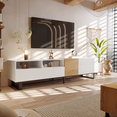 REDOM TV-meubel 180x50x38 cm van MDF en metaal, wit en houtkleur, met opbergruimte en zwarte metalen poten
