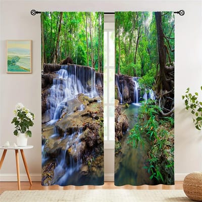 2 stuks Landschap Olieverf Bergen Rivieren En Bossen Tunnelgordijnen Polyester Materiaal Voor Woonkamer, Keuken, Wonen W50xH130(CM)x2PCS-Grommet Top