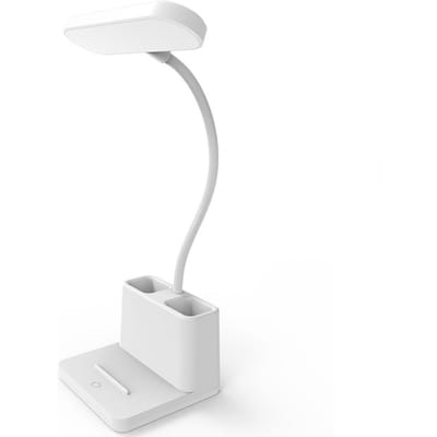 Lampe de bureau avec porte-stylo, lampe de lecture à col de cygne réglable avec 3 modes d'éclairage, LED rechargeable blanc