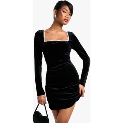 boohoo Dames Fluwelen mini-jurk met vierkante hals, parelbestrating en gestructureerd ontwerp | Black | Maat: 14