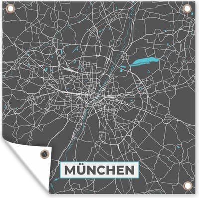 Tuin poster München – Stadskaart – Blauw – Plattegrond – Stadskaart – Kaart - Duitsland - 200x200 cm - Tuindoek