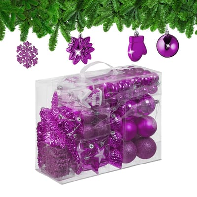 Kerstballen set van 100 - plastic - mat - glanzend - glitters - 10 designs - paars