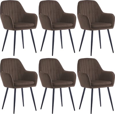 Colenis® - Lavinia Eetkamerstoel - Set Van 6 - Bruin - Fluweel - Velvet - Industrieel - Met armleuning