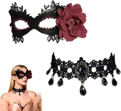 Set van Venetiaanse Maskers voor Vrouwen in Zwart en Rood – Kunstlederen Masker met Rode Bloemen en Vintage Goth Necklace – Verstelbaar voor Halloween, Maskerade en Carnaval
