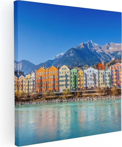 Artaza Canvas Schilderij Stad Innsbruck - 30x30 cm - Klein - Wanddecoratie Rivier - Muurdecoratie Bergen - Kamer Accessoires