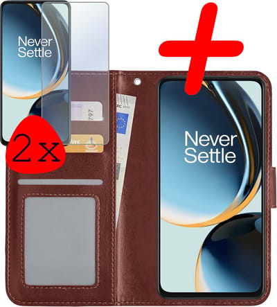 Hoesje Met 2x Screenprotector - Geschikt voor OnePlus Nord CE 3 Lite - Luxe Pasjeshouder - Bookcase Portemonee - Flip Case - Kunstleer Book Case - Flipcase Hoes - Book Cover - Walletcase - Portemonneehoes - Bruin