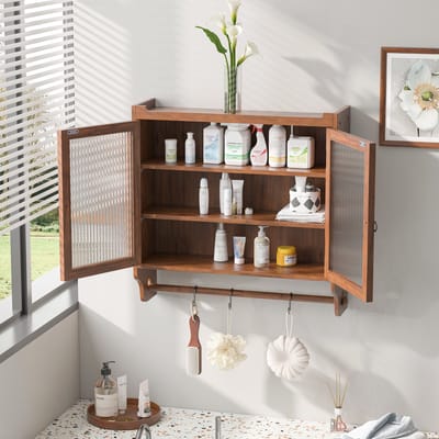 HAUSS SPOLE Badkamerkasten - Wandkast badkamerkast Vintage met 3 Ablagen en Handdoekhouder - Voor Badkamer en Keuken - 63×60×18 cm - MDF - Bruin