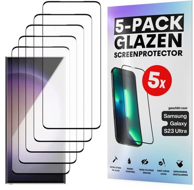 Screenprotector - Geschikt voor Samsung Galaxy S23 Ultra - Gehard Glas - Full Cover Tempered Glass - Case Friendly - 5 Pack