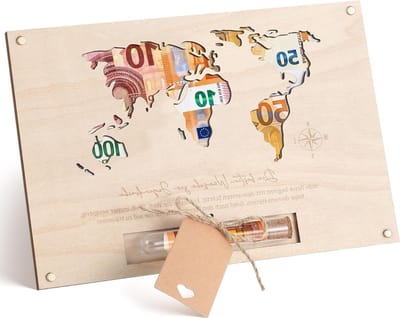 Houten Cadeaubox voor Jeugd Initiatie Ceremonie met Wereldkaart - Perfect voor Geldcadeaus bij Afstuderen, Bevestiging en Doop - 25.5×17 cm