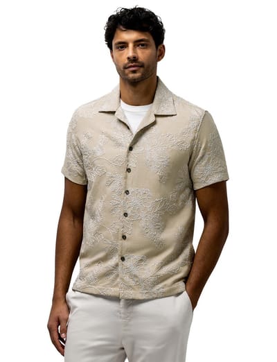 Overhemd State of Art beige geborduurde bloemen wijde fit