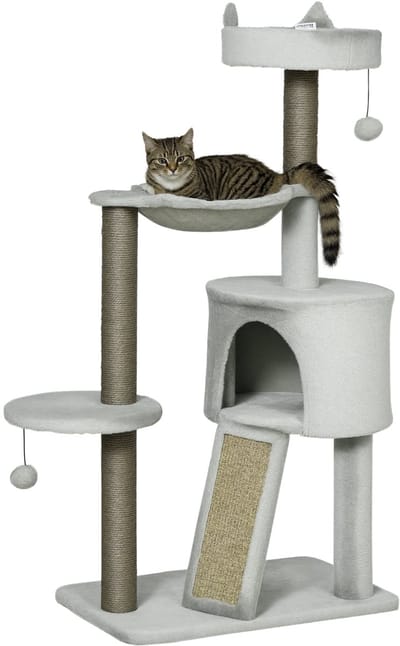 PawHut Kratzbaum Katzenkratzbaum mit Sisalsäule Katzenhöhle 113 cm Katzenbaum mit Rampe Spielbaum mit Katzenspielzeug Hängematte Hellgrau