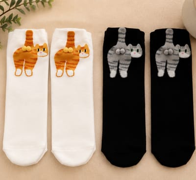 FA-VE Katten Sokken – Set van 2 Paar – 3D Kattenontwerp met Pluche Balletjes – Grijs & Oranje – One Size