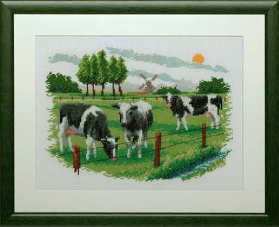 Pako Borduurpakket - telpatroon met codekaart - Hollands landschap,koeien in de wei - 237.082 - voorgesorteerd garen - Aida - 29 x 21 cm - DIY kit