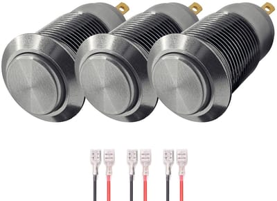 ProRide Mini Pulsschakelaar Normally Open - 12mm Metaal - 12V/24V - Bolle Knop - Met Kabels - Zilver - 3 stuks