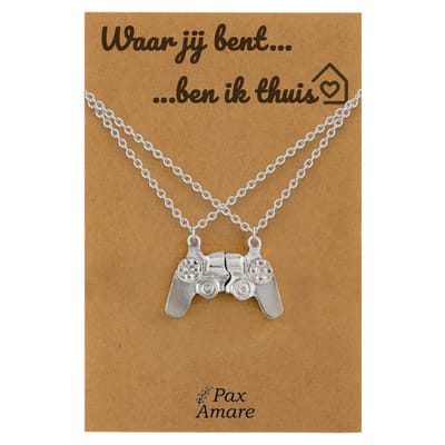 Koppel Ketting voor 2 'Waar jij bent, ben ik thuis' - Controller - Vriendschapsketting op Cadeau Kaartje - 45cm + 5cm verstelbaar - Zilverkleurig - Persoonlijke Hanger - Pax Amare