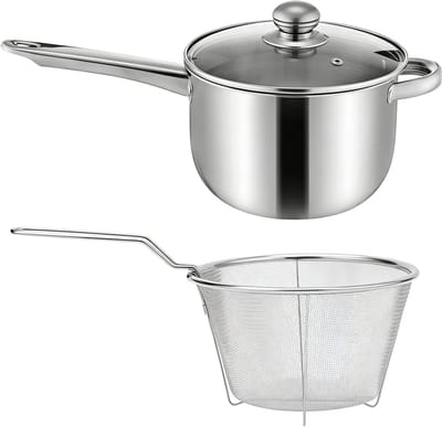 Koekenpot met Lange Handvat - Frituurpan Keukengereedschap - Thuis Frituren - Grote Capaciteit - 15x21x15 cm - Zilver