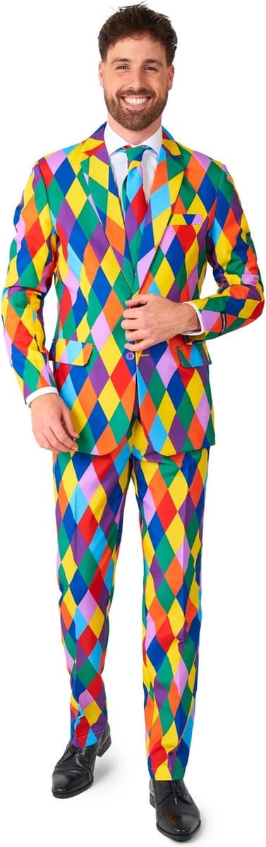 Suitmeister Harleclown - Heren Pak - Carnavalskleding - Kostuum - Clown Outfit - Inclusief Pantalon, Blazer en Stropdas - Multi Color - Maat: S