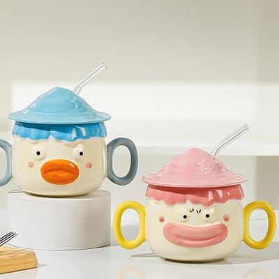 Grappige Cartoon Clown Keramische Beker met Deksel en Rietje Beker Grote Capaciteit Hoge Waarde Waterbeker Stel Souvenir 400ML white