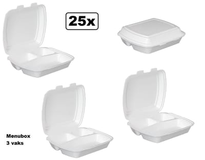 25x Menubox 3 vaks wit - take away maaltijd bezorging eten food bak vakken maaltijdbox menu afhaal