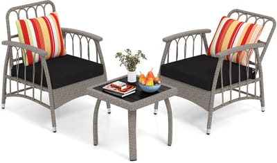 COSTWAY Tuinmeubelset, polyrotan balkonmeubels met 5-traps verstelbare rugleuning, rotan terrasmeubel, tafel en zitkussen, weerbestendig, zitgroep voor terras, balkon, tuin