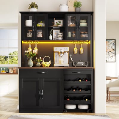 PHOEBE CAT Keukenkasten - Dressoir - Inclusief dienwagen - LED-verlichting - Wijnrek - Zwart + Naturel