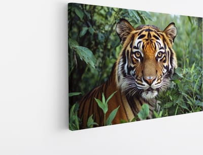Saammp Canvas Schilderij - Jonge Tijger tussen de Planten - Natuur - Dieren - 30x20 - Foto op canvas - Wanddecoratie - muurdecoratie Woonkamer - Slaapkamer decoratie - Canvas Print