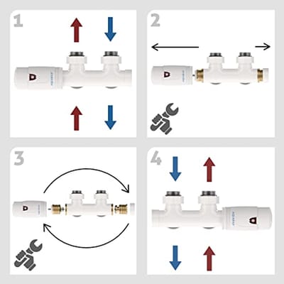 Thermostatische Radiatorkraan voor 50mm Middenaansluiting - Hoekvorm met Adapter voor 15mm Koperbuizen en 16mm PEX