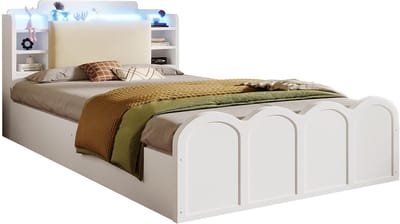 Komhtom Paneelbed, 90 x 200 cm, hydraulisch systeem, met USB Type-C-oplaadfunctie, LED-verlichting, bediening via drukknop/app, zonder matras, opbergvak met klep, multifunctionele opbergruimte, wit