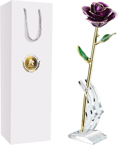 Echte Roos Vergolden met 24K Goud - Luxe Rozen Cadeau voor Moederdag, Valentijnsdag en Verjaardag (Paars)
