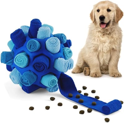Famanu – Snuffelbal voor honden - snuffeltapijt - veilig materiaal - interactief hondenspeelgoed - draagbaar snuffelspeelgoed - wasbare voermat - geurtraining voor kleine - middelgrote honden - blauw