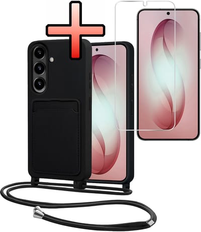 Hoes Geschikt voor Samsung S26 Met Telefoonkoord Met Screenprotector - Siliconen Hoesje Backcover Met Ketting - Zwart