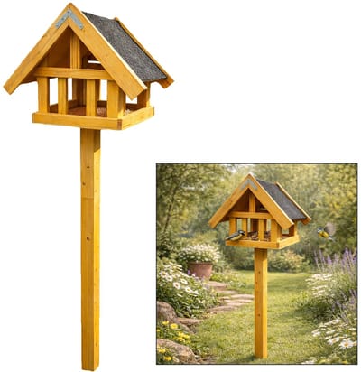 ARTLAND Vogelvoederhuisje op Paal - Houten Voederstation met Bitumen Dak - 55 x 39 x 145 cm - Naturel