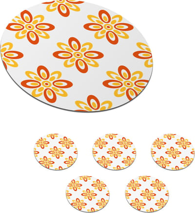 Onderzetters voor glazen - Rond - Patroon - Jaren 70 - Bloemen - Oranje - 10x10 cm - Glasonderzetters - 6 stuks