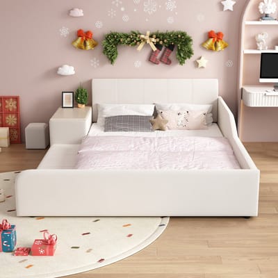 Gestoffeerd bed 140x200 cm - tweepersoonsbed met kinderbureau en kruk - met opbergplank - kinderbed - wit - zonder matras
