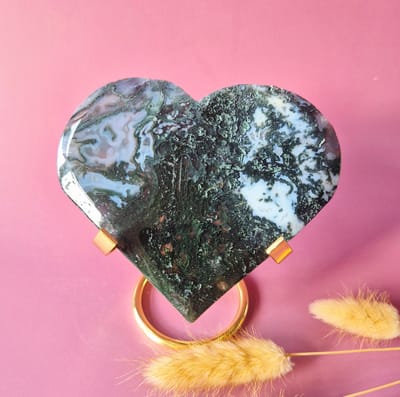 XL Edelsteen Druzy Mosagaat Hart op Metalen Standaard – #134 246gram