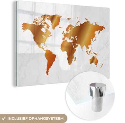 ® Glasschilderij 150x100 cm - Schilderij acrylglas - Wereldkaart - Marmer - Goud - Foto op glas - Muurdecoratie woonkamer - Wanddecoratie slaapkamer - Schilderijen