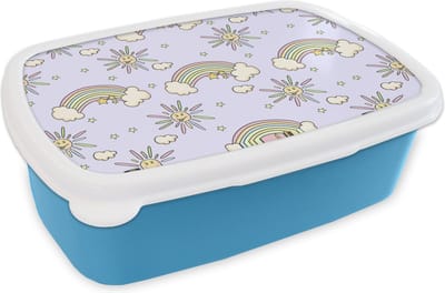 Broodtrommel Blauw - Lunchbox - Brooddoos - Meisjes - Regenboog - Zon - Patronen - Girl - Kids - Kinderen - Kind - 18x12x6 cm - Kinderen - Jongen