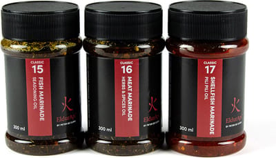 EldurApi Marinade Set - 3-Delig - Vleesmarinade - Vismarinade - Schaaldierenmarinade - Oliebasis - BBQ Marinade