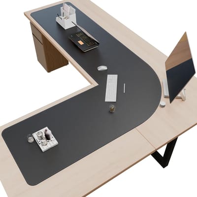 Dubbelzijdige L-vormige bureauonderlegger van leer, 157 + 220 x 60 cm, ideaal voor kantoor, computer en werkruimte, zwart