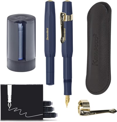 Kaweco - Cadeauset - 5delig - Vulpen Medium (M) - Sport Classic Navy - Nostalgie Oktogonal Clip Vergoldet - etui Leer Zwart - Twister patronen - Doosje vullingen