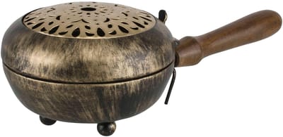 Dailygoods- Wierookpan antiek - Hittebestendig Houten Handvat - Duurzaam IJzer - 23 x 11,5 x 7 cm - Inklapbaar Deksel - Ventilatiepatroon - Rookpan