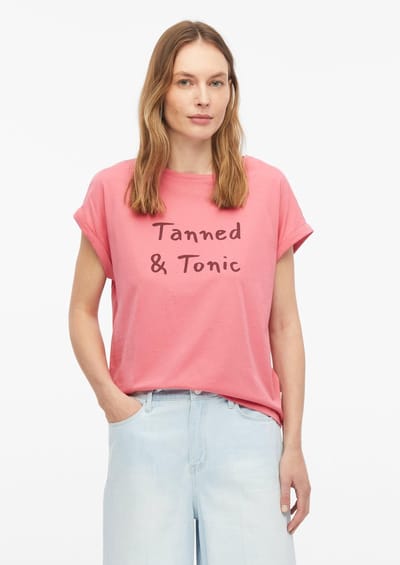 Dames T-shirt van zacht katoen met druk op de voorkant en verlengde achterkant s.Oliver