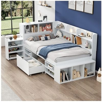 Merax Bed 90 x 200 cm met opbergvakken, boekenkast en 1 lade - Multiplex - Wit (zonder matras)