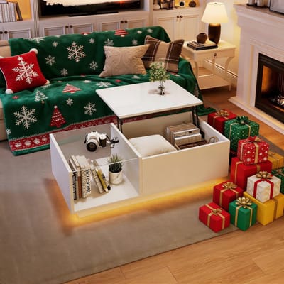 REDOM Lift-Couchtisch App-RGB LED, Hoogglans Wit, Verstelbaar 33–46,5 cm, Verborgen Opbergruimte, 100×50 cm, 30 kg