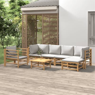 vidaXL - 7-delige - Loungeset - met - lichtgrijze - kussens - bamboe