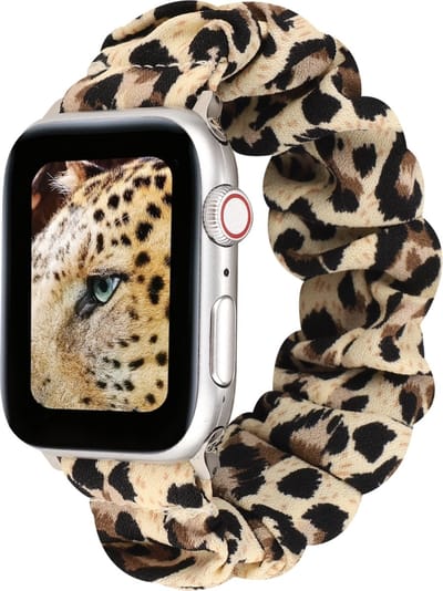 By Qubix - Geschikt voor Apple Watch bandje - Elastisch scrunchie nylon bandje - Panterprint - Geschikt voor Apple Watch 44mm / 45mm / 46mm / 49mm (Ultra 1,2 en 3) - nylon - bandje iWatch