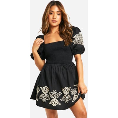 boohoo Dames Petite geborduurde mini jurk met puffmouwen | Zwart | Maat: 34