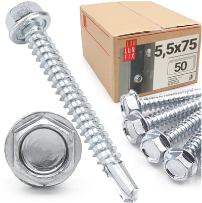 LUN FIX - Boorschroeven 5,5x75 mm - 50 stuks - Zeskantkop DIN 7504K - Verzinkt staal met boorpunt voor trapeziumplaten en metalen platen