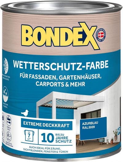 Bondex Weerbestendige Verf Azuurblauw (RAL 5009) 0,75 L voor 7 m² | Extreem dekkend | Uitstekende weersbestendigheid | Zijdeglans | Weerbestendige verf | Houtverf